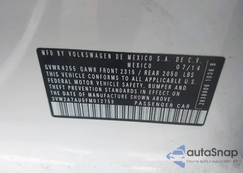 2015 Volkswagen Golf Tdi Sel 4-Door z USA, uszkodzony, nr VIN 3VW2A7AU5FM012759